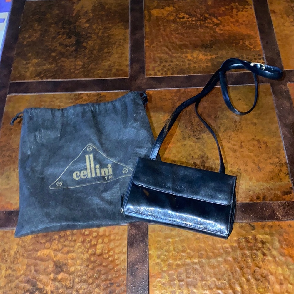 Cellini Leather Crossbody Functional Wallet Style Black Handbag Dust Cover Vtg